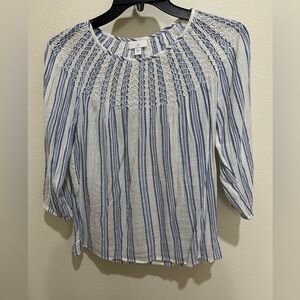 J Jill size M gauze striped blouse with yoke smocking and 3/4 sleeves. Ex cond.